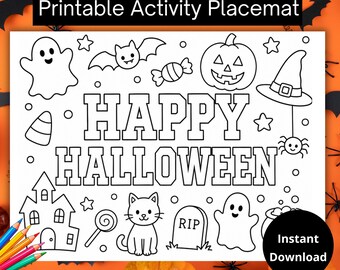 Attività di Halloween, Disegni da colorare di Halloween, Pagina da colorare spettrale e carina, Tovagliette per attività per bambini, Tovagliette da colorare per bambini, Disegni da colorare