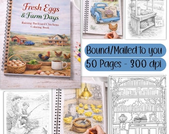 Adult Coloring Book Spiral, Cozy Farm life coloring pages, Adult Grayscale Coloring Pages, Backyard Chicken Coloring, Farm Life Coloring