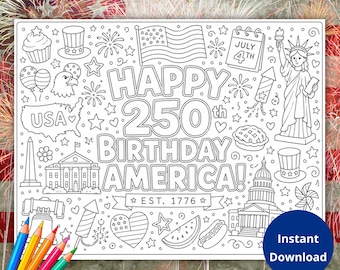 USA 250 da colorare, Pagina da colorare per il 250° anniversario, Attività per l'anniversario dell'America, USA 250° anniversario da colorare, Semiquincentenario dell'America