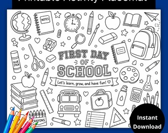 Pagina da colorare per il primo giorno di scuola, Attività per il primo giorno di scuola, Tovaglietta per attività per bambini, Tovagliette da colorare per bambini, Pagina da colorare con scarabocchi