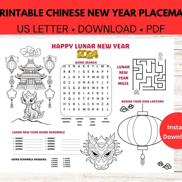 Chinese New Year Activity Placemat 2024, Lunar New Year 2024, Printable Activity for Chinese New Year, Printable Placemat