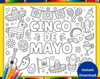 Pagina da colorare per il Cinco de Mayo, Attività per il Cinco de Mayo, Tovagliette per attività per bambini, Tovagliette da colorare per bambini, Pagine da colorare con scarabocchi