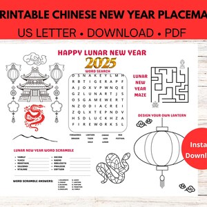 Set de table activité nouvel an lunaire, nouvel an chinois 2025, fête du nouvel an lunaire imprimable, créations manuelles du nouvel an lunaire
