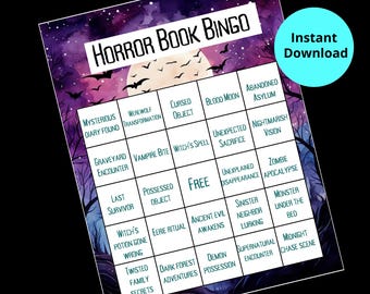Boekenclubspellen, horrorthema boekenuitdaging, afdrukbare boekenbingo, leesuitdaging, boekenliefhebberspel, boekenclubactiviteit, boekenclubidee, leesuitdaging, boekenuitdaging, horrorthema