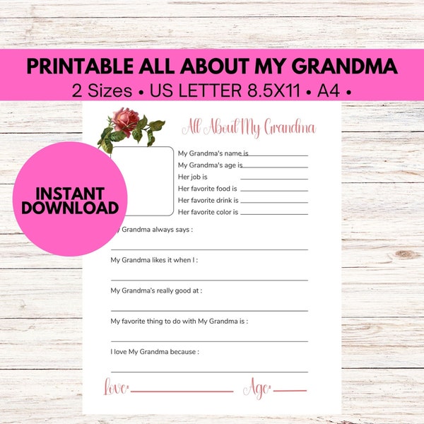 All About Grandma Mothers Day Printable, Gift for Grandma, Grandma Printable, Sentimental Gift from Grandkids for Mothers Day,