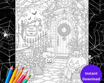 Pagine da colorare di Halloween per adulti, Attività di Halloween, Fogli da colorare di Halloween, Pagina da colorare spettrale e carina, Pagina da colorare per adulti, Scala di grigi