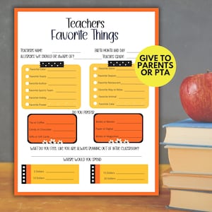 Lista de favoritos del profesor imprimible, lista de cosas favoritas del profesor, encuesta de cosas favoritas del profesor, cuestionario de favoritos del profesor