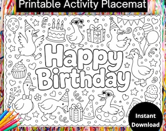 Disegno da colorare di compleanno di Silly Goose, festa di compleanno di Silly Goose, festa a tema Silly Goose, pagine da colorare di compleanno, tovaglietta da colorare per bambini