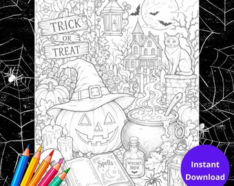 Pagine da colorare di Halloween per adulti, Attività di Halloween, Fogli da colorare di Halloween, Pagina da colorare spettrale e carina, Pagina da colorare per adulti, Scala di grigi
