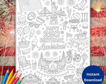 Pagina da colorare per il 250° anniversario, USA 250 da colorare, Attività per il 55° anniversario, Attività per l'anniversario dell'America, USA 250 da colorare