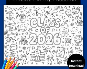 Pagine di attività per la cerimonia di diploma della scuola materna, pagine da colorare per la cerimonia di diploma, tovagliette per attività per bambini, tovagliette da colorare per bambini, pagine da colorare con scarabocchi