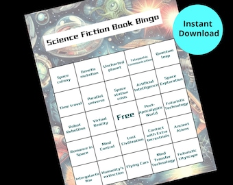 Boekenclubspel, afdrukbare boekenuitdaging, sciencefictionboekbingo, leesuitdaging, boekenliefhebberspel, boekenclubactiviteit, boekenclubidee