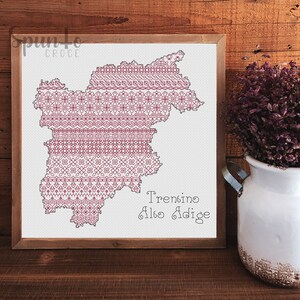 May include: A cross-stitch pattern of the Trentino Alto Adige region in Italy. The pattern is made up of various geometric shapes and designs in shades of pink and white.