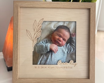 Custom Baby Birth Details Frame- Engraved Wooden Photo Frame Unique Newborn Baby Gift for New Parents with Leaf Design- Baby Nursery Decor