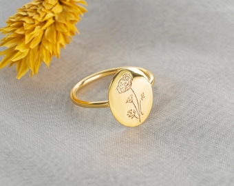 Personalized Birth Flower Ring | Custom Dainty Ring | Everyday Statement Ring | Stacking Ring | Minimalist Stacking Ring | Engraved Ring
