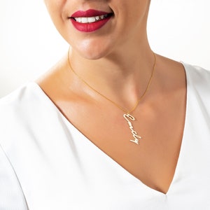 May include: A gold necklace with a vertical nameplate pendant that says "Emily" in a cursive script.