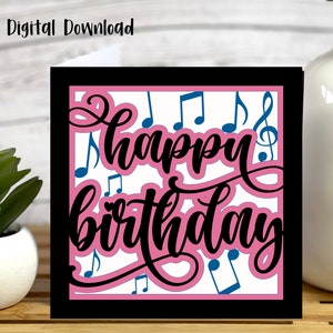 Tarjeta de feliz cumpleaños con música SVG / Celebraciones de cumpleaños / SVG en capas / Cricut / Tarjeta recortable / Uso comercial - Plantilla de sobre gratis