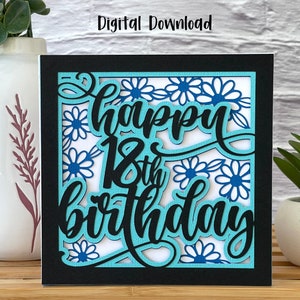 Tarjeta SVG de feliz cumpleaños número 18 / Celebraciones / Hitos / Tarjeta recortable / Creación de tarjetas / Uso comercial - Plantilla de sobre y tarjeta gratuita