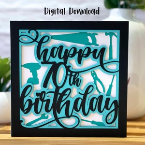 Joyeux 70e anniversaire outils carte SVG | Célébrations d'anniversaire | Découpée SVG en couches | Fabrication de cartes | Modèle d'enveloppe gratuit à usage commercial