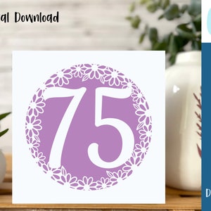 Biglietto per il 75° compleanno SVG / Festeggiamenti di compleanno / Anniversario / Cricut / Biglietto ritagliato / Creazione di biglietti / Uso commerciale - Modello di busta gratuito