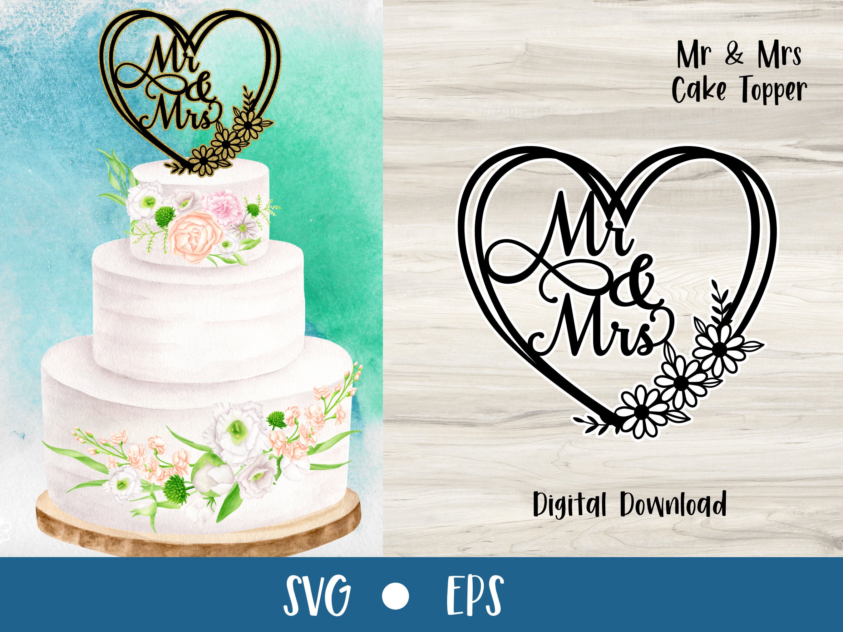 Mr & Mrs Cake Topper Heart Shaped SVG Files for Cricut - Etsy Australia