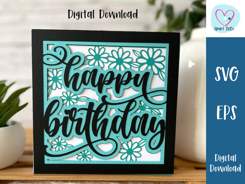 May include: A black and teal card with the words "happy birthday" in a decorative font. The card is decorated with a teal floral pattern.
