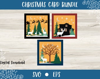 May include: A set of three digital Christmas card designs featuring a yellow background with a white deer, a house with a lit window, and a silhouette of Santa Claus flying with reindeer. The cards are framed in red, blue, and brown.