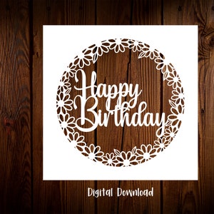 May include: White digital download design featuring a circle of flowers with the text "Happy Birthday" inside.
