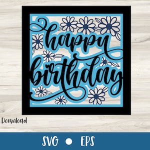 May include: A digital download of a blue and black SVG and EPS file featuring the text "Happy Birthday" with a floral design.