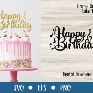 Puede incluir: Topper de pastel de purpurina dorada con el texto "Happy Birthday" y notas musicales. El topper está en un pastel rosa con glaseado blanco y chispas rosas y coloridas. El pastel está en un soporte de pastel rosa.