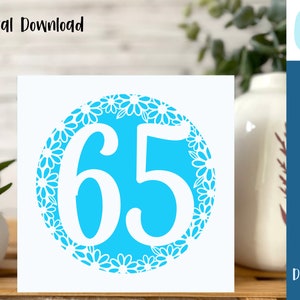 Tarjeta de cumpleaños número 65 SVG / Celebraciones de cumpleaños / Aniversario / Cricut / Tarjeta recortada / Fabricación de tarjetas / Uso comercial - Plantilla de sobre gratuita