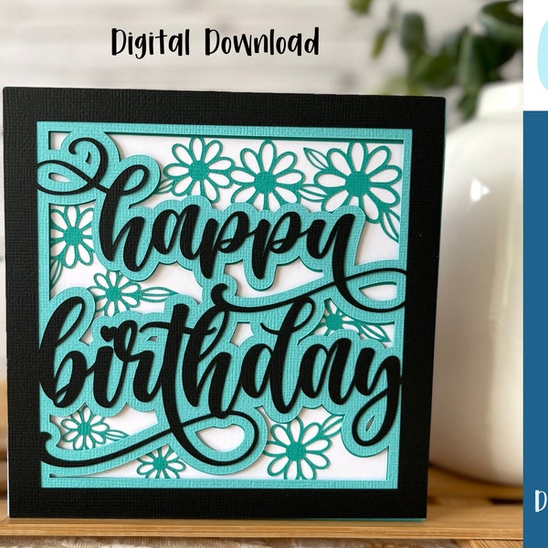 Carte de joyeux anniversaire marguerites SVG | Célébrations d'anniversaire | SVG en couches | Cricut | en carton découpé | Utilisation commerciale - Modèle d'enveloppe gratuit