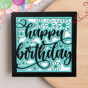 May include: A teal blue card with a black border and the words "happy birthday" in black script. The card is decorated with white flowers.