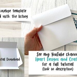 May include: A digital download of a printable envelope template for a card with the text "Merry Christmas" in teal and white snowflakes. The envelope is white and folded to show the inside. The text "FREE Envelope template included with the listing" is at the top of the image. The text "Digital Download" is on the envelope. The text "See my YouTube channel Heart Designs and Crafts for a full tutorial (link in description)" is at the bottom of the image.