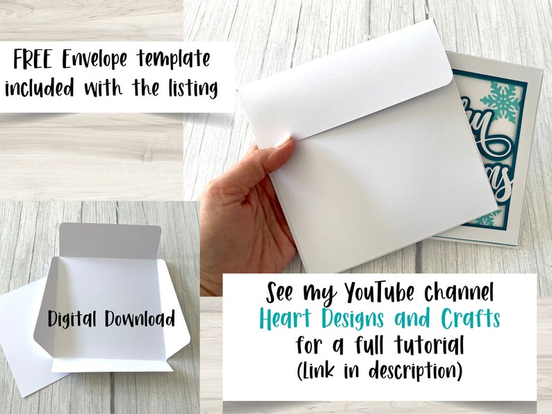 May include: A digital download of a printable envelope template for a card with the text "Merry Christmas" in teal and white snowflakes. The envelope is white and folded to show the inside. The text "FREE Envelope template included with the listing" is at the top of the image. The text "Digital Download" is on the envelope. The text "See my YouTube channel Heart Designs and Crafts for a full tutorial (link in description)" is at the bottom of the image.