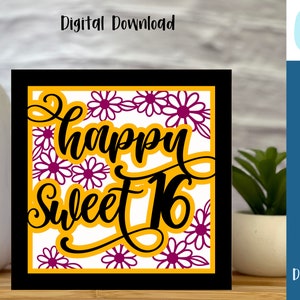 Happy Sweet 16 Birthday Card SVG | Daisies | Layered SVG | Cricut | Cut Out Card | Commercial Use - Free Envelope Template