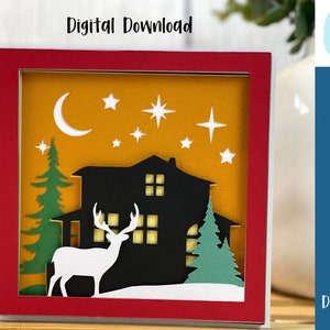 Christmas Card House Winter Scene SVG | Layered SVG | SVG Files Cricut | Cut Out Card | Commercial Use - Free Envelope Template | Reindeer