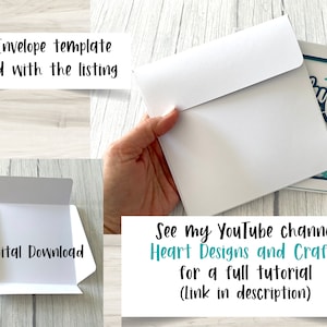 May include: A digital download of a printable envelope template for a card with the text "Merry Christmas" in teal and white snowflakes. The envelope is white and folded to show the inside. The text "FREE Envelope template included with the listing" is at the top of the image. The text "Digital Download" is on the envelope. The text "See my YouTube channel Heart Designs and Crafts for a full tutorial (link in description)" is at the bottom of the image.