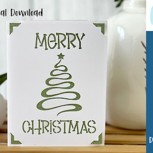 May include: A digital download of a green Merry Christmas card with a stylized Christmas tree and a star. The card has a white background and a decorative border.