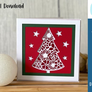 Cartão de Natal SVG | Árvore de natal com estrelas | Feliz Natal | cartão cortado | Confecção de cartões | Uso Comercial - Modelo de Envelope Gratuito