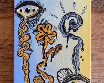 Trippy Eyeball Mushroom 8x10 Acrylic Painting on Stretched Canvas