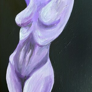 May include: A purple abstract painting of a nude figure on a black background.