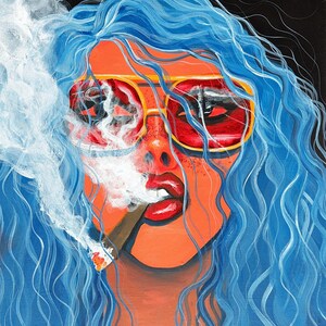 May include: A painting of a person with blue hair, orange skin, and red lips. They wear red sunglasses with yellow frames and smoke a cigar. The background is black, and the style is illustrative.