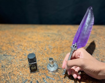 Juego de pluma de ave hecha a mano, pluma de caligrafía vintage con puntas de metal y tinta para diarios, invitaciones de boda y regalos.