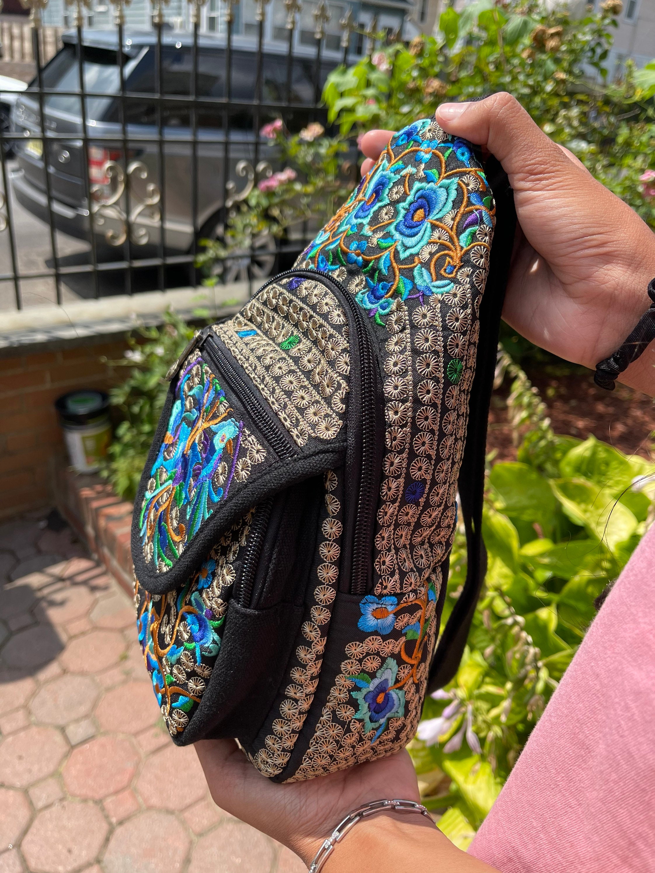 9085 Embroidered Boho Small Sling Bag Travel Chest Bag Crossbody Backpack Embroidered Boho Small Sling Bag, Canvas Crossbody Backpack  main image 2