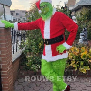 Christmas Green Big Monster Santa Costume for Men 7 PCS Deluxe Furry Adult Santa Suit Xmas Holiday Outfit Set