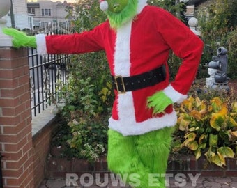 Christmas Green Big Monster Santa Costume for Men 7 PCS Deluxe Furry Adult Santa Suit Xmas Holiday Outfit Set