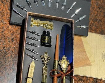 Juego de pluma de caligrafía, pluma de inmersión, pluma de escritura de estilo vintage con puntas de metal y tinta para invitaciones de boda, diarios incluidos, 17 puntas