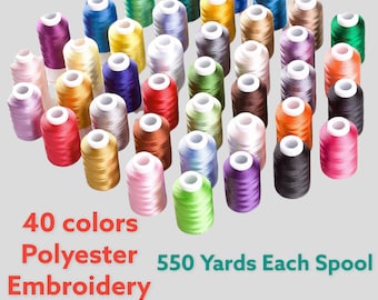 Kit de hilo de bordar de poliéster de 40 colores, 40 hilos de peso, 550 hilos por bobina, compatible con Brother, Janome, Singer, Bernina y Vibrant Sewing Threads.