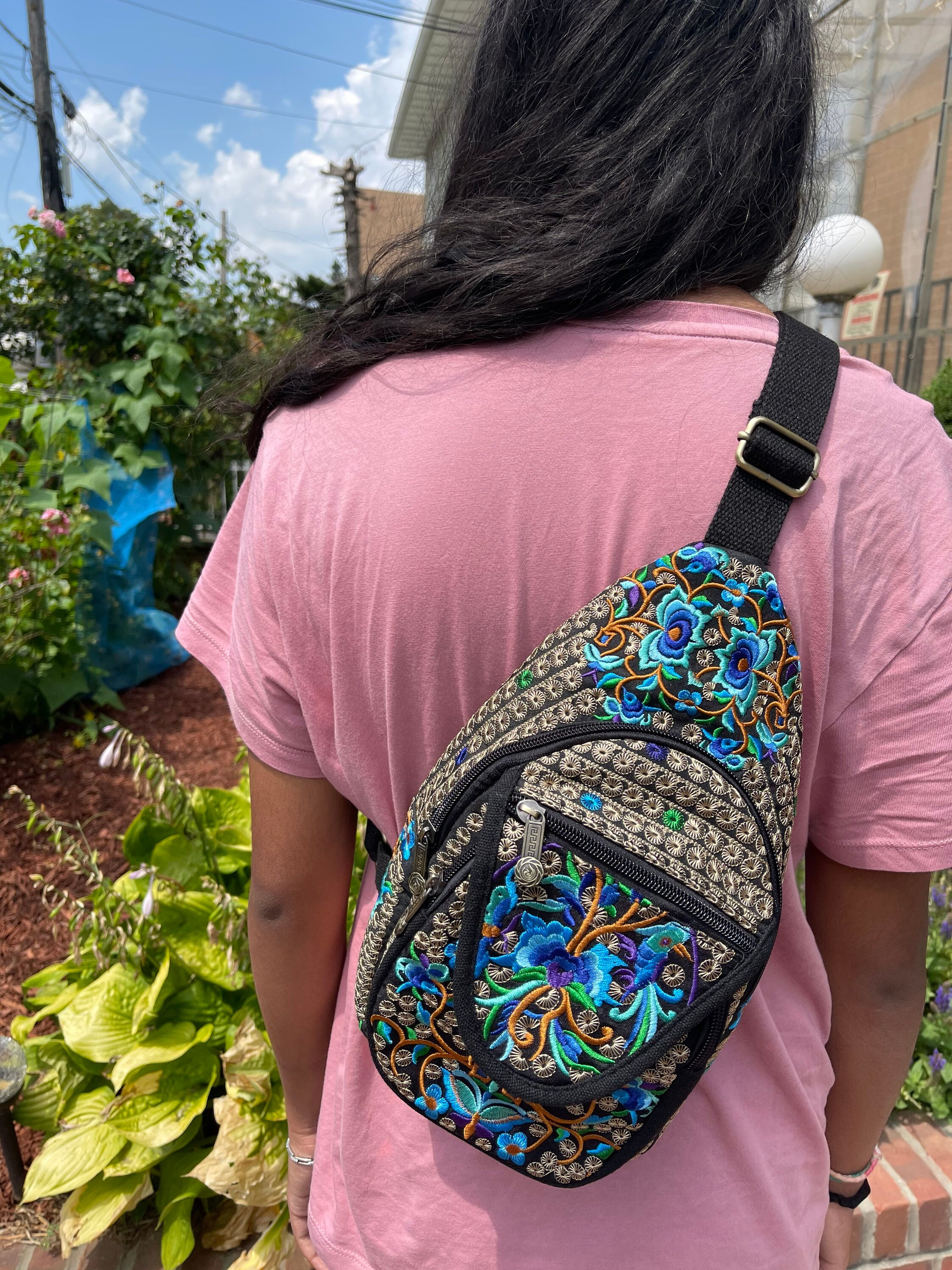 Embroidered Boho Small Sling Bag, Canvas Crossbody Backpack 